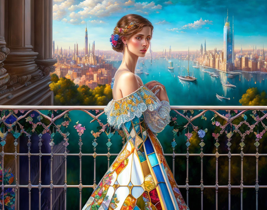 Woman in colorful dress on balcony overlooking fantastical cityscape