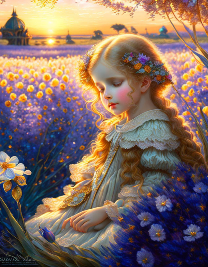 Young girl in purple flower field near fairy-tale castle at golden hour