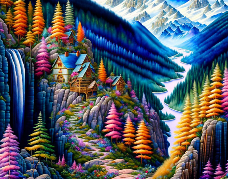 Colorful Landscape with Whimsical Trees, River, Mountains, and Houses