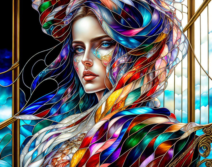 Colorful digital artwork: Woman with flowing stained glass hair