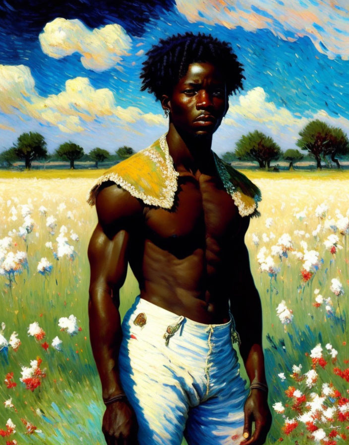 Shirtless man in field of white flowers under blue sky