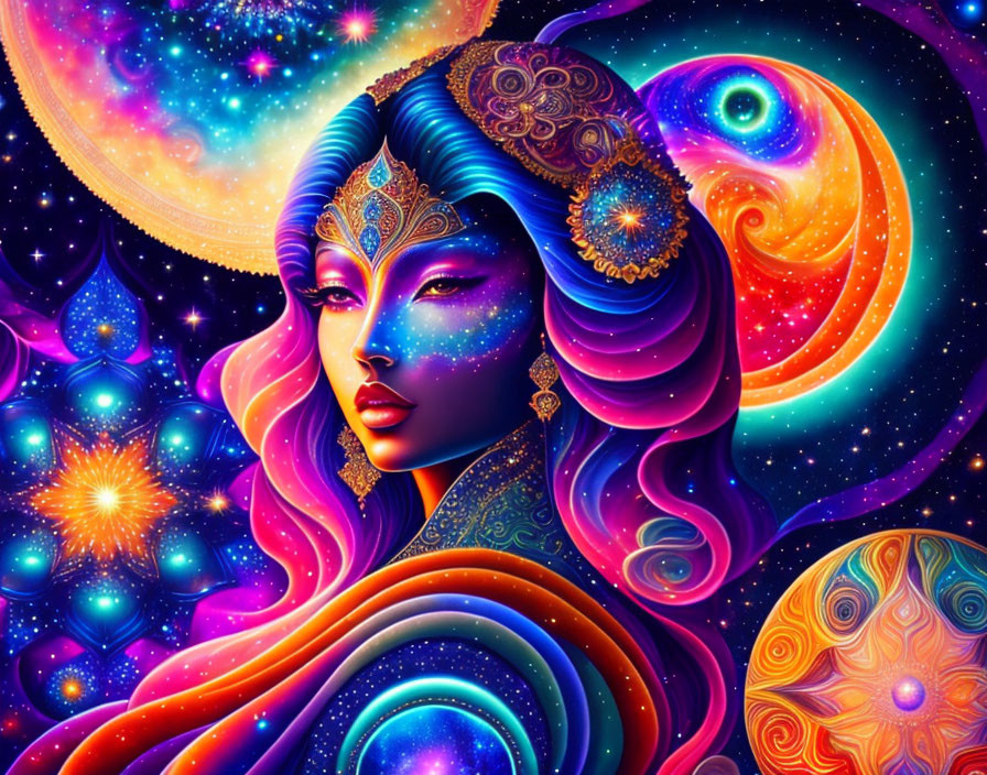 Colorful Illustration of Stylized Woman with Cosmic Elements