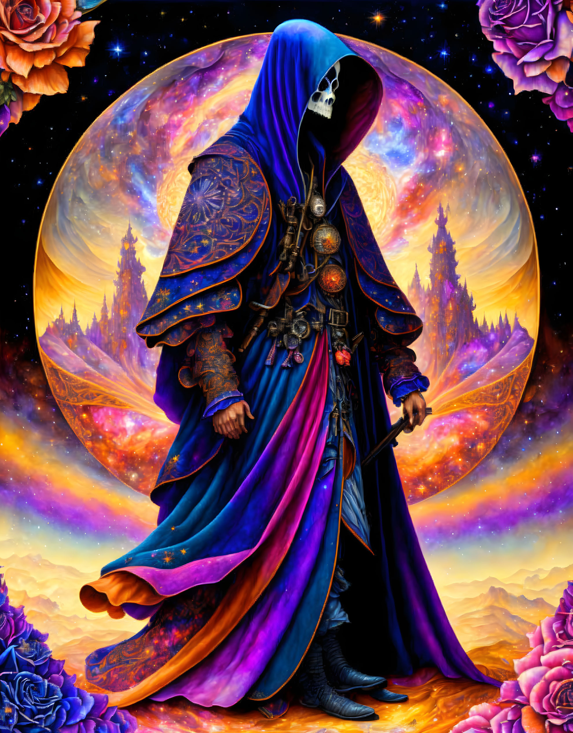 Mystical figure in skull mask with cosmic backdrop and roses