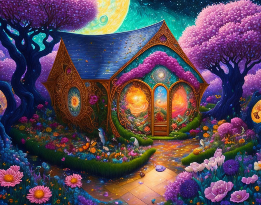 Quaint cottage with blooming gardens under starry sky