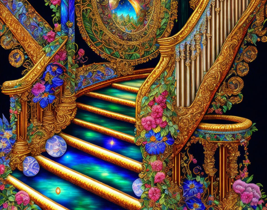 Golden staircase adorned with blue steps, flowers, crystals, and orbs