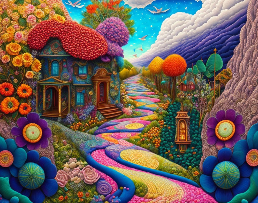 Colorful Landscape with Whimsical Cottage and Winding Path