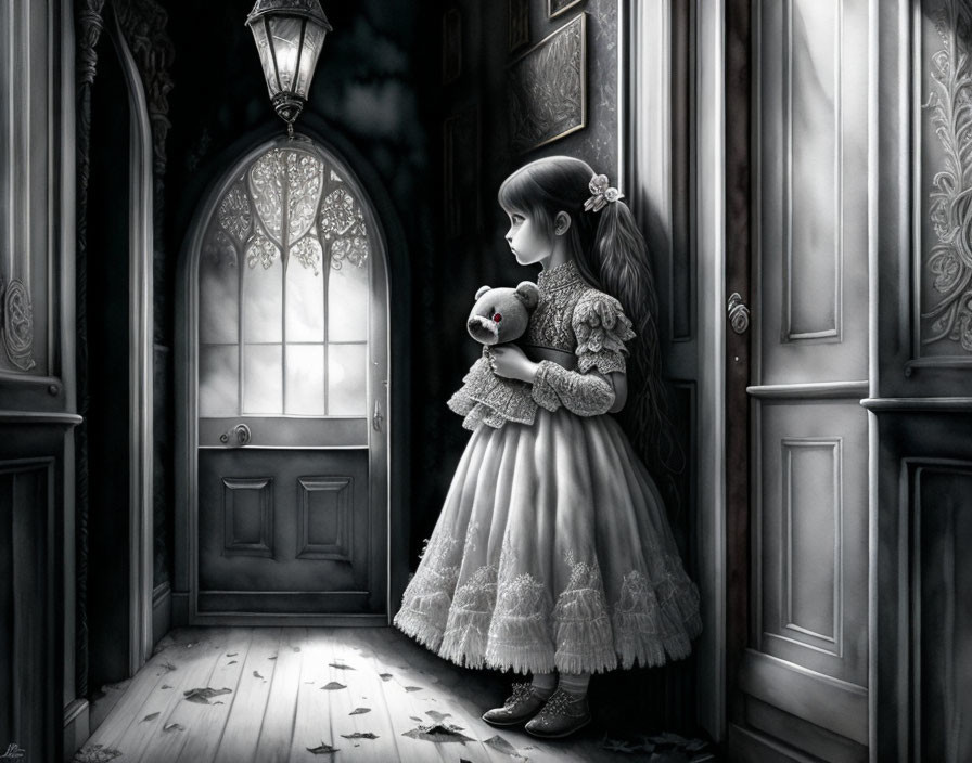 Monochrome illustration of young girl with teddy bear in dimly lit hallway