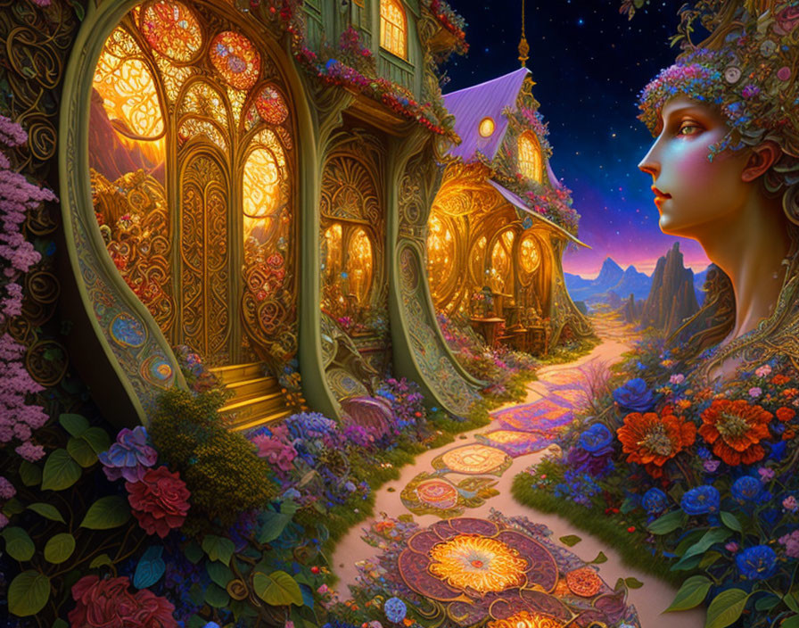 Ethereal artwork of woman's profile with floral adornments and whimsical cottage in lush setting