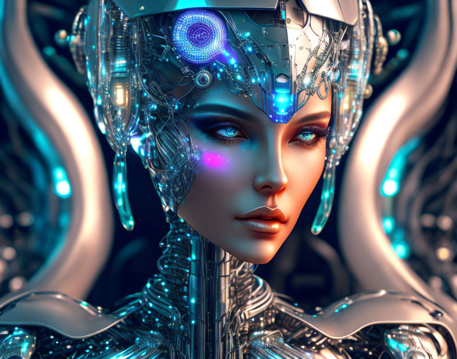 Female Android Portrait with Glowing Cybernetic Enhancements