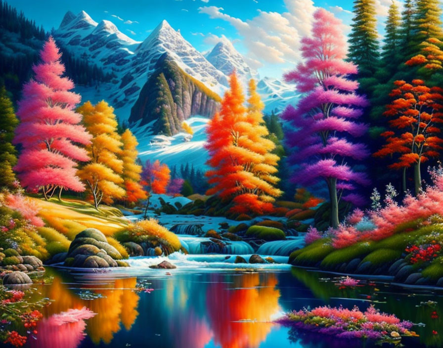 Colorful Landscape: Serene Lake, Pink and Purple Trees, Snow-Capped Mountains