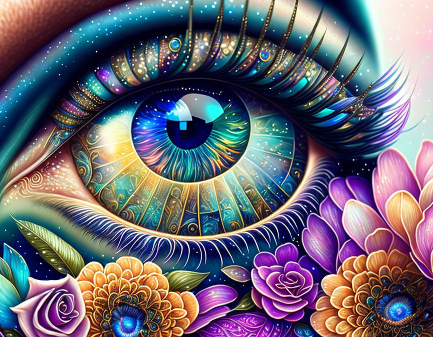 Vibrant eye illustration with intricate patterns and flowers on starry backdrop