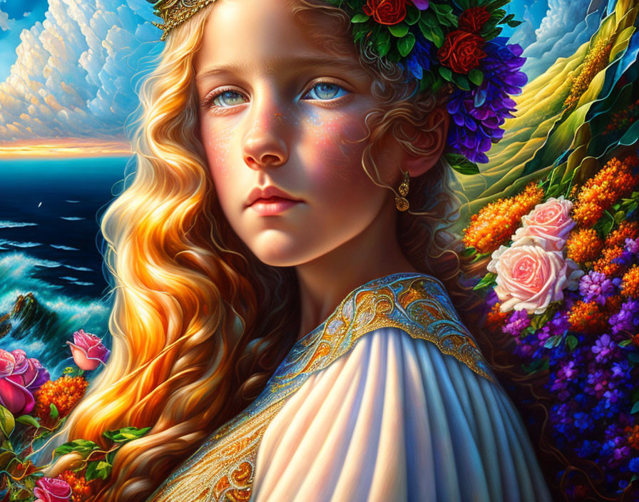 Detailed Artwork: Young Woman with Blonde Hair and Flower Crown in Vibrant Coastal Scene