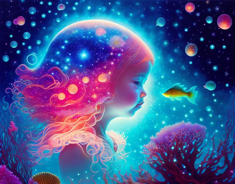 Vibrant illustration of young girl with flowing hair in cosmic marine theme