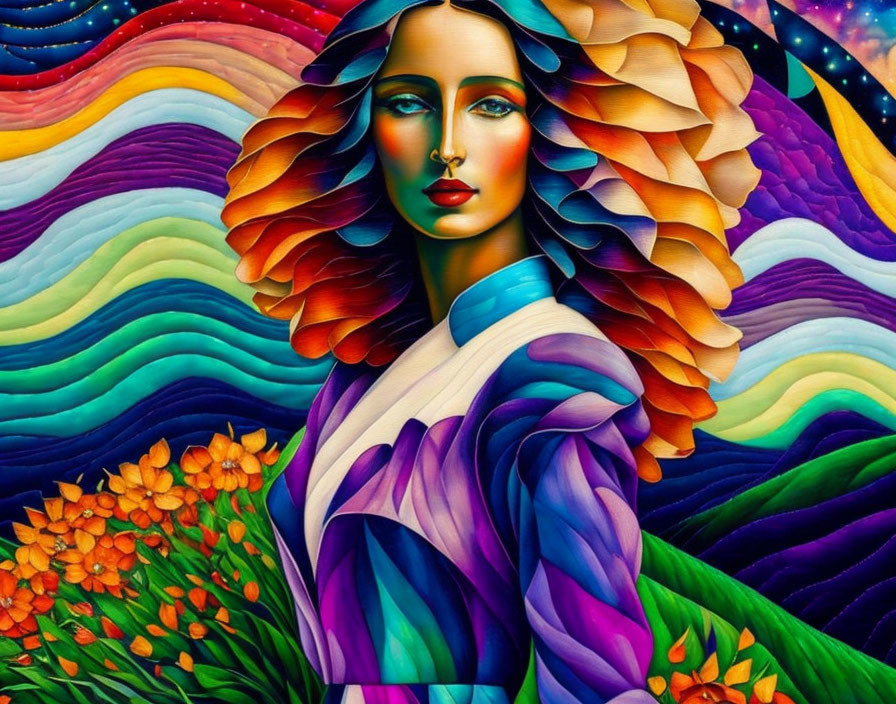 Colorful Stylized Woman with Wavy Hair in Cosmic Landscape