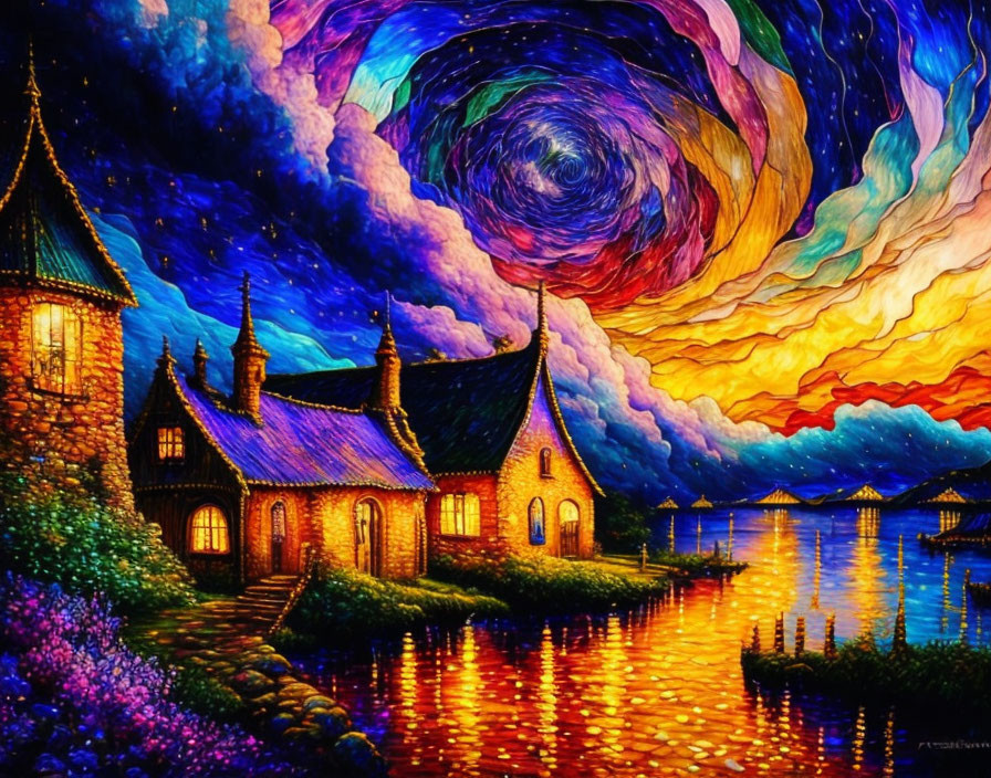 Colorful cottage by lake under swirling starry sky with water reflections