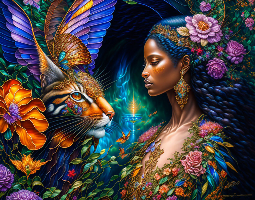 Colorful artwork: Woman with floral adornments and tiger with matching patterns