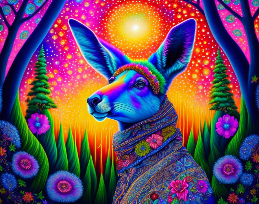 Vibrant Kangaroo Illustration with Psychedelic Patterns and Sunset Background