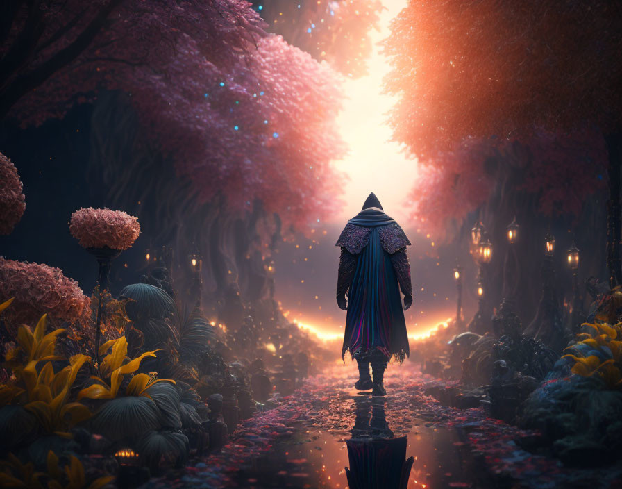 Cloaked figure on mystical path with vibrant plants and lanterns