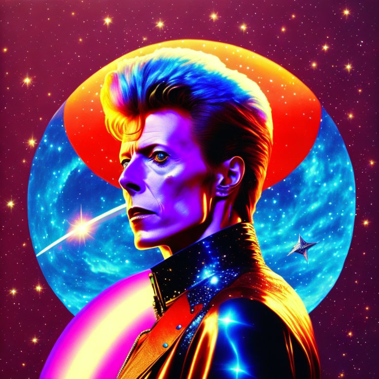 Colorful illustration: person with lightning bolt on face, cosmic background.