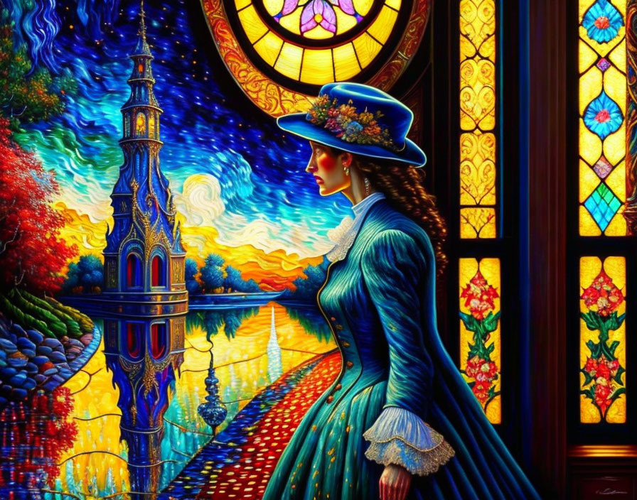 Colorful painting of woman in blue dress and hat admiring castle and sunset