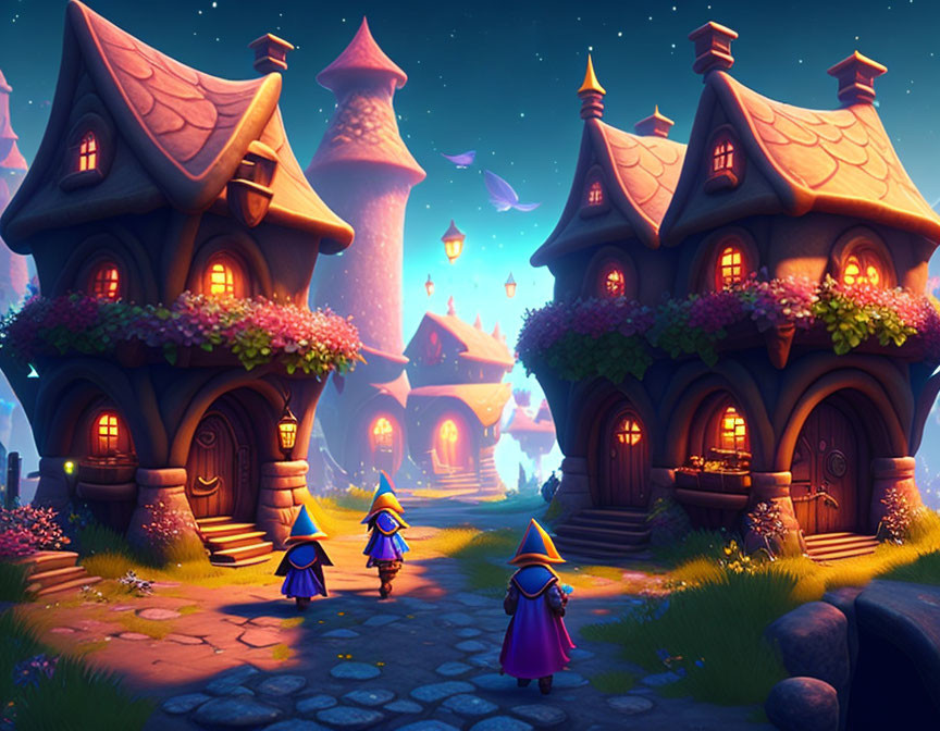 Whimsical Fantasy Village with Glowing House & Characters at Dusk