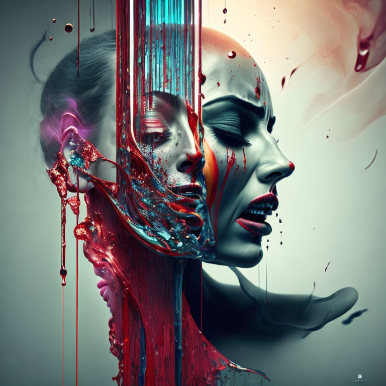 Vibrant surreal artwork: woman's face with melting colors