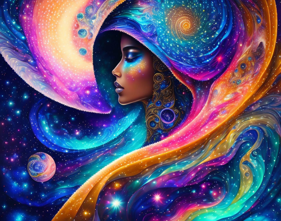 Illustration of woman with cosmic elements: galaxies, stars, planets in hair.