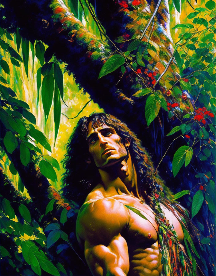 Muscular man with long dark hair in lush jungle scene