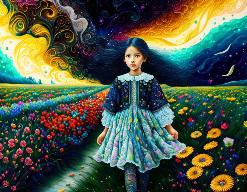 Vibrant dress girl in surreal colorful field with swirling skies