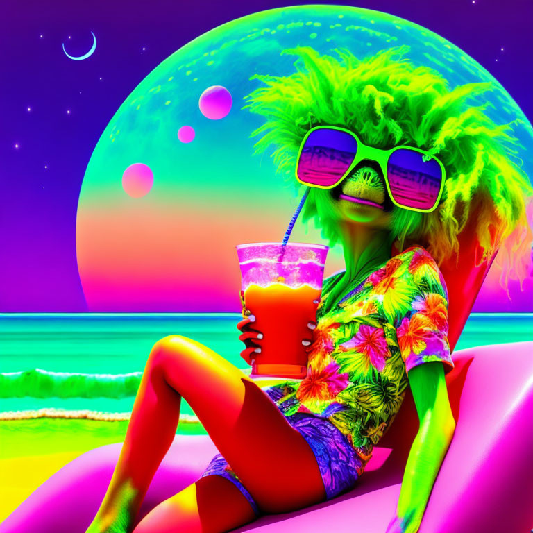 Colorful figure with green hair and sunglasses in tropical attire against neon moonlit backdrop