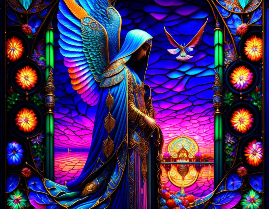 Colorful angel with blue wings in stained glass style with hummingbird and sunset.