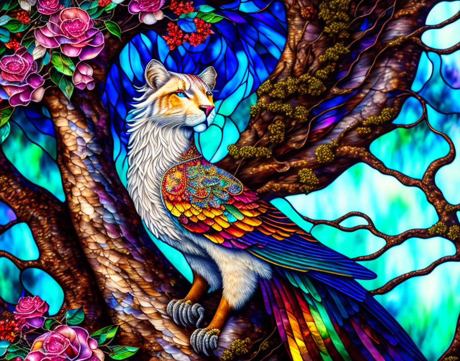 Colorful digital artwork of a lion-like creature with peacock wings in a fantasy setting