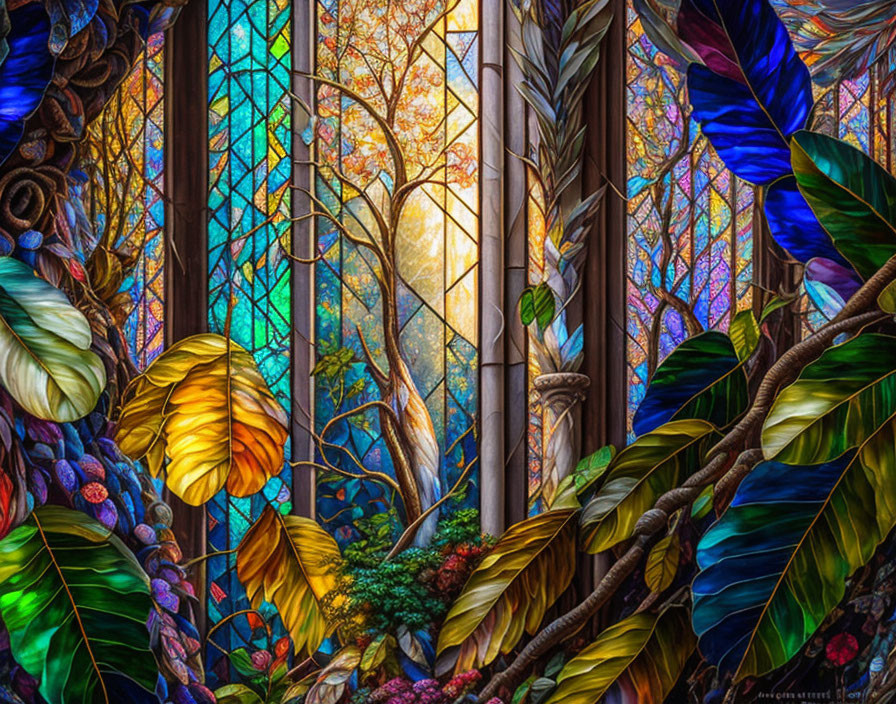 Colorful Stained Glass Window Depicting Lush Forest Scene