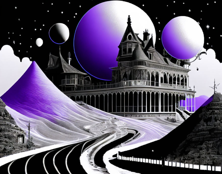 Monochrome surreal landscape with Victorian house, celestial bodies, hills, and roads