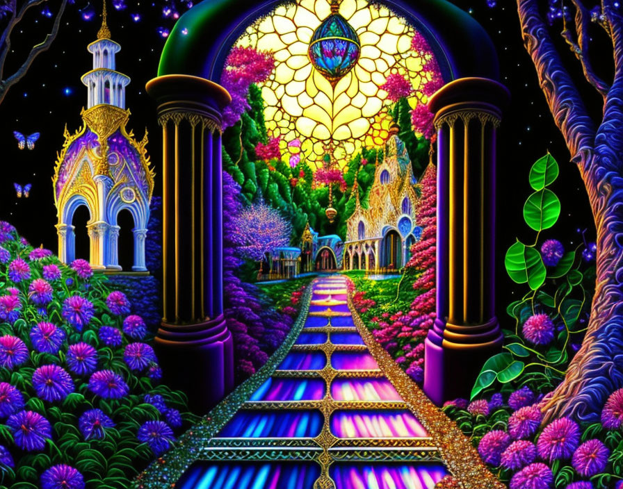 Fantasy garden illustration with stained glass window & glowing pathway