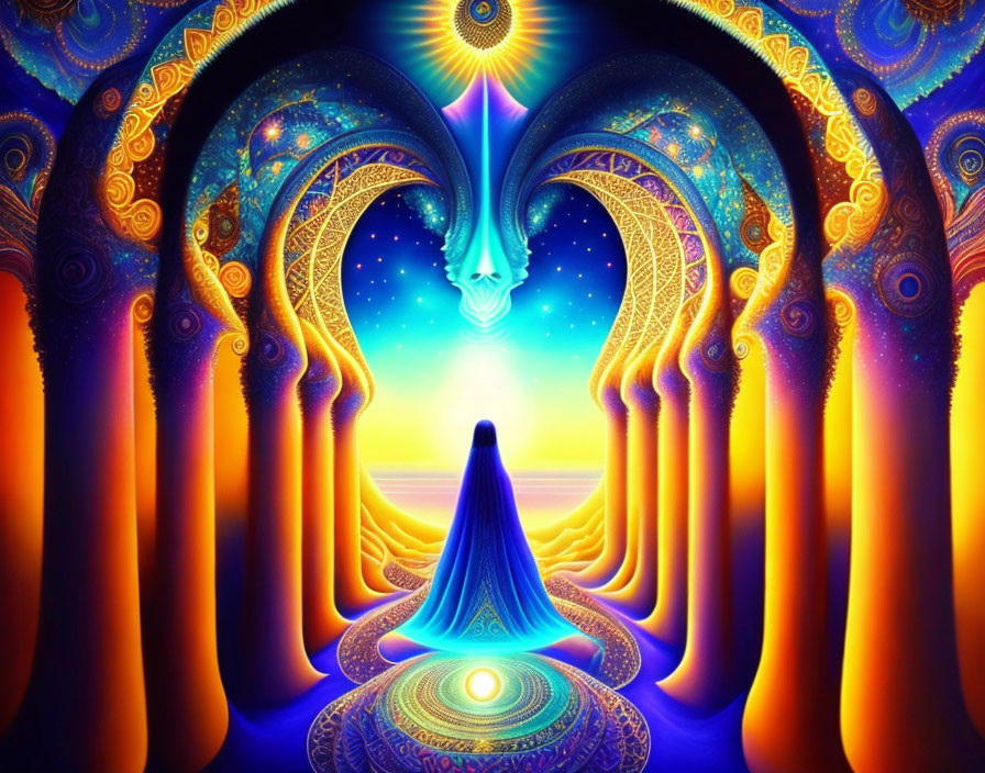 Psychedelic digital artwork of meditative figure at sunrise