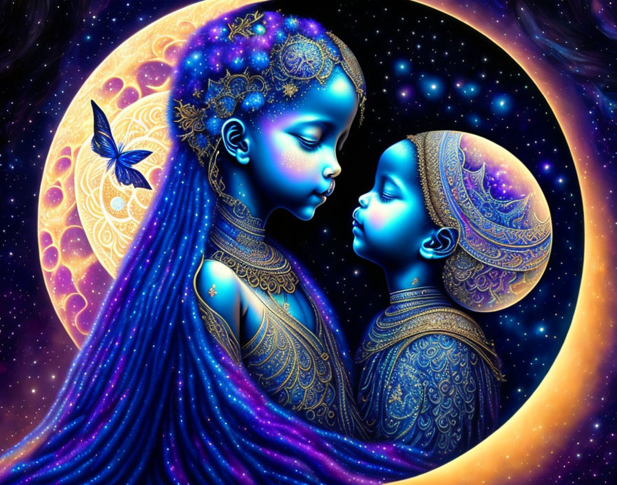 Cosmic-themed characters with intricate designs sharing a tender moment under a luminescent moon