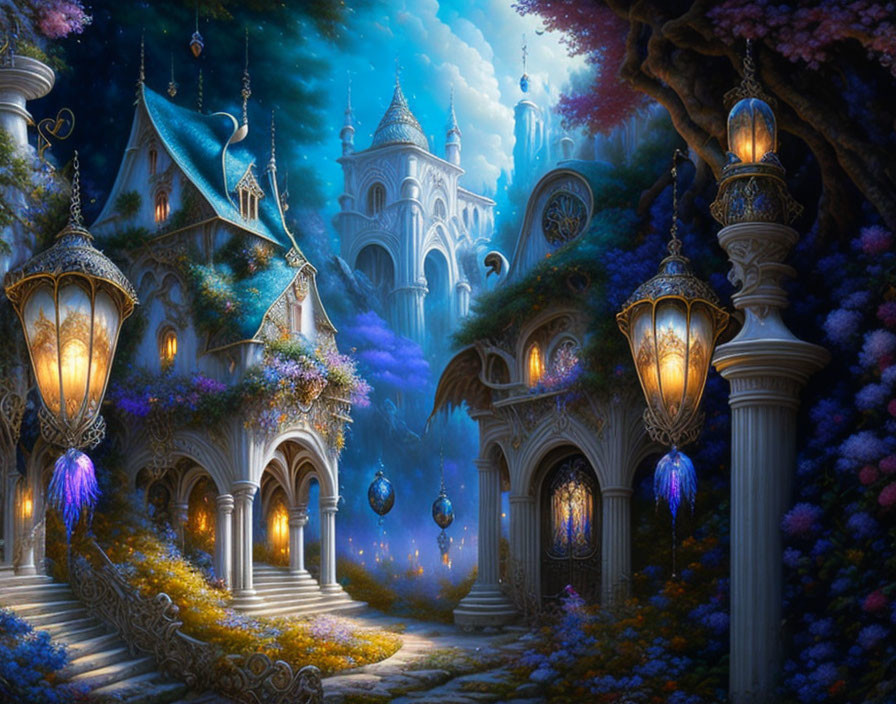 Fairytale castle night scene with glowing lanterns and waterfalls