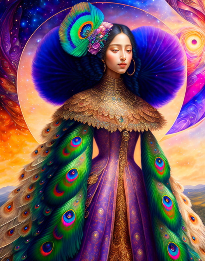 Surreal portrait of woman in peacock attire against cosmic backdrop