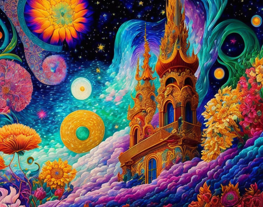 Colorful Psychedelic Castle Illustration with Celestial Elements