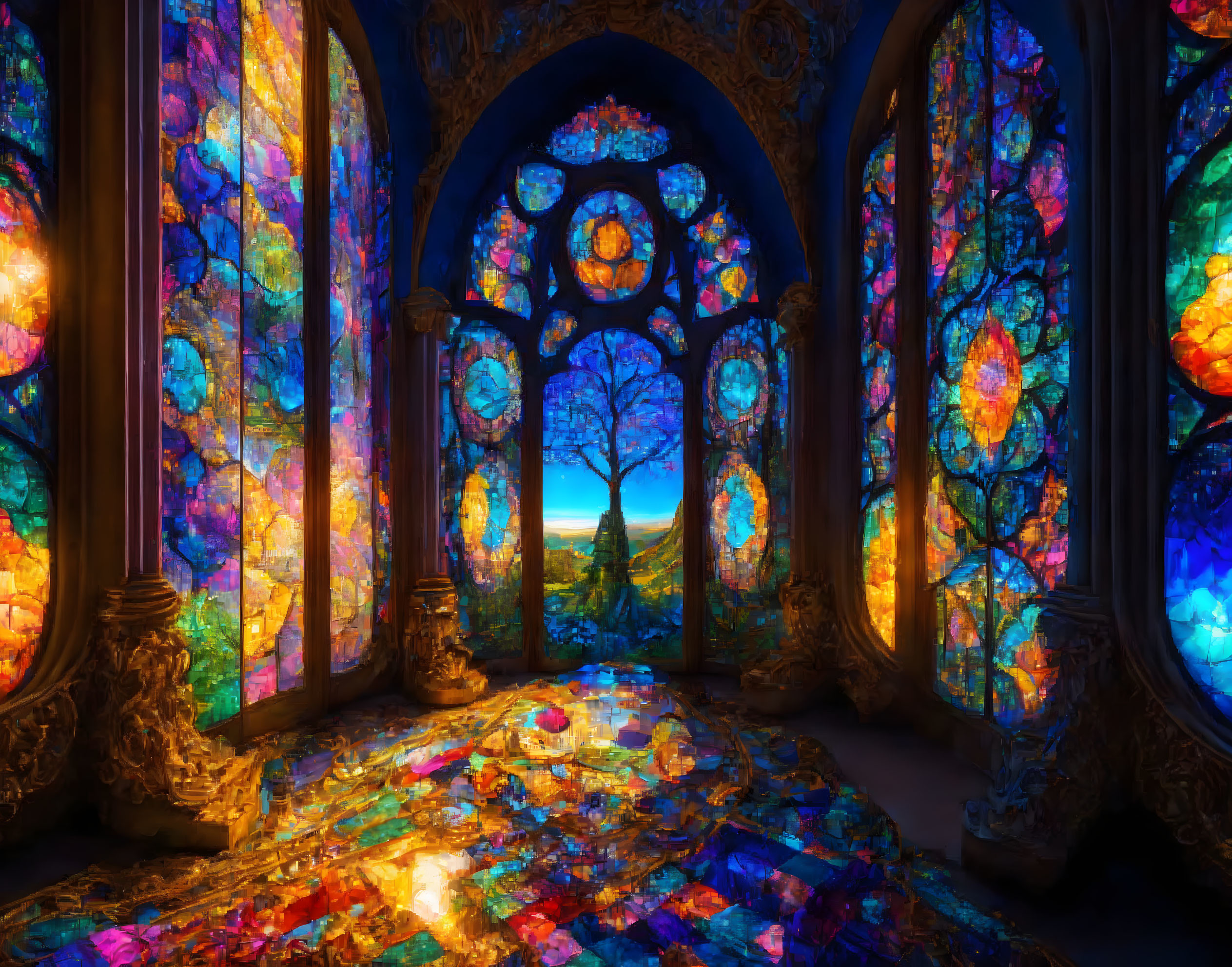 Colorful Stained Glass Windows Illuminating Serene Green Landscape