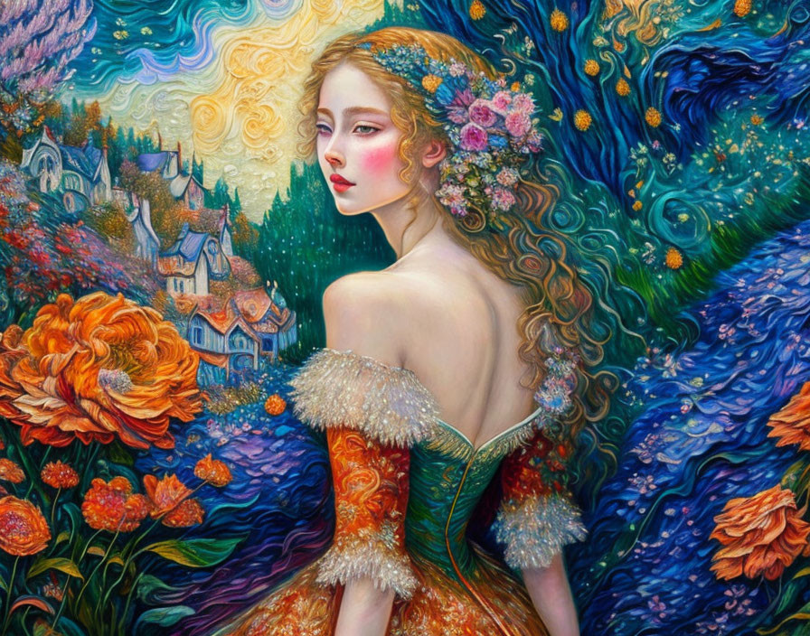 Fantastical portrait of a woman in ornate floral dress amid vibrant village backdrop