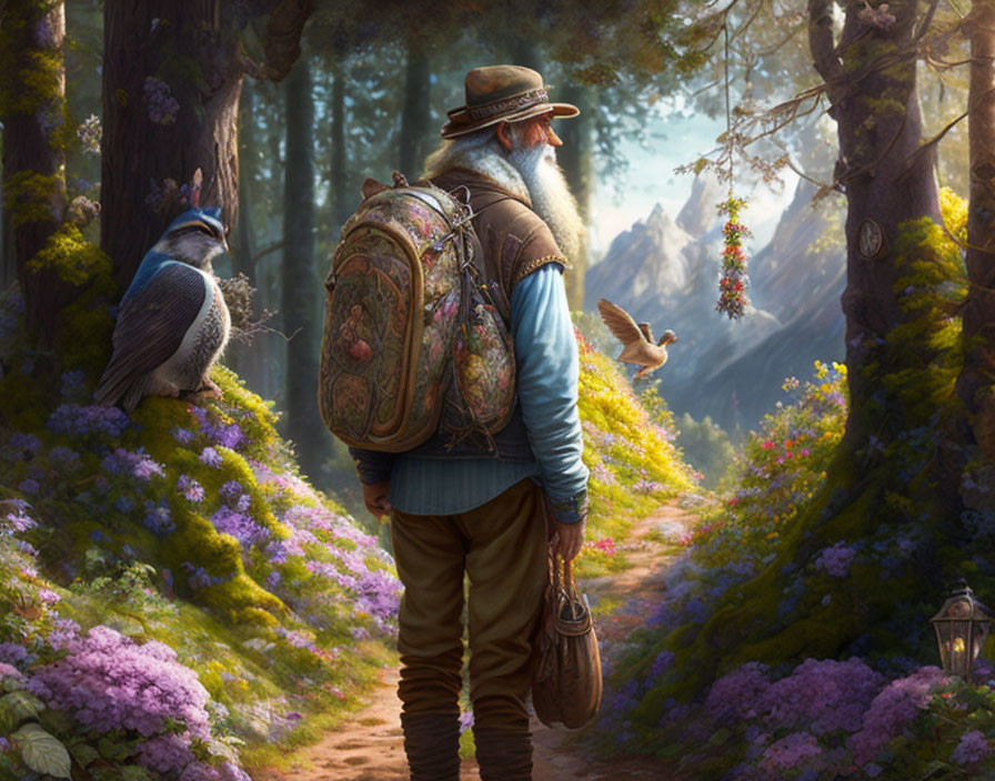 Bearded traveler with backpack and fantastical bird in forest path