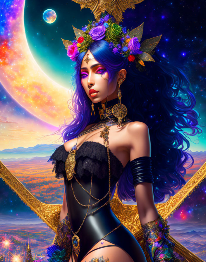 Fantasy woman with purple hair in cosmic setting