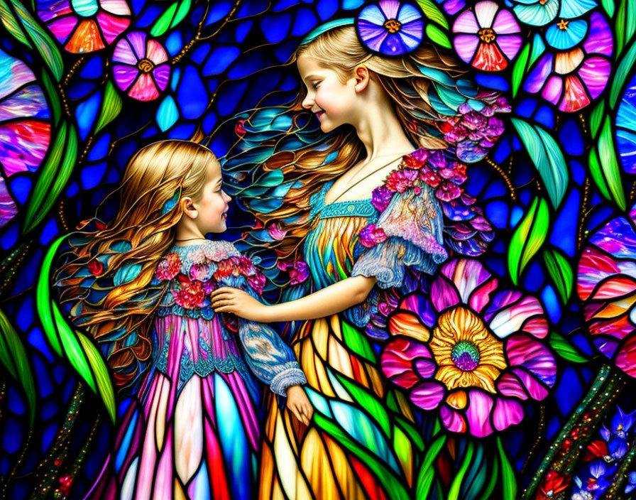 Colorful stained glass-style illustration of two girls in floral dresses with flowers surrounding them.