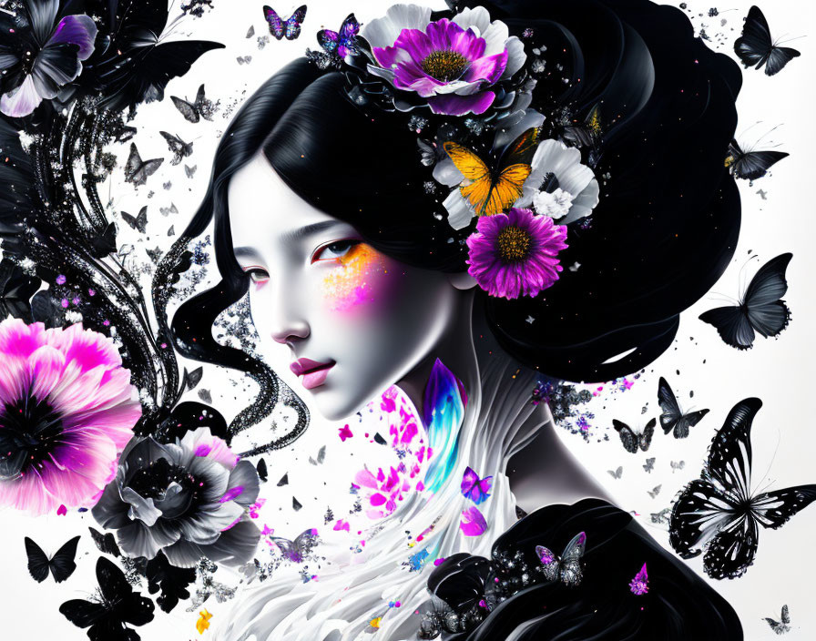 Vibrant digital artwork: woman with flowing hair, flowers, butterflies, high-contrast palette