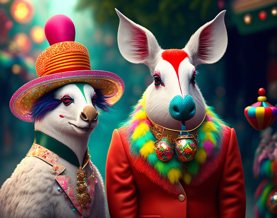 Colorful Carnival Attire on Anthropomorphic Animals in Festive Setting