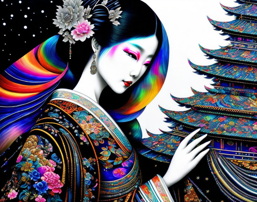 Colorful artwork: Woman with rainbow hair in traditional attire with pagodas and starlit sky