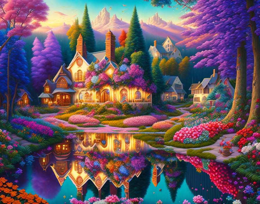 Colorful Fantasy Landscape with Purple Trees, Cottages, Flowers, and Reflecting Pond at Twilight