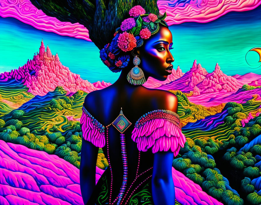 Colorful Profile View Artwork: Woman with Flowers in Hair on Psychedelic Landscape